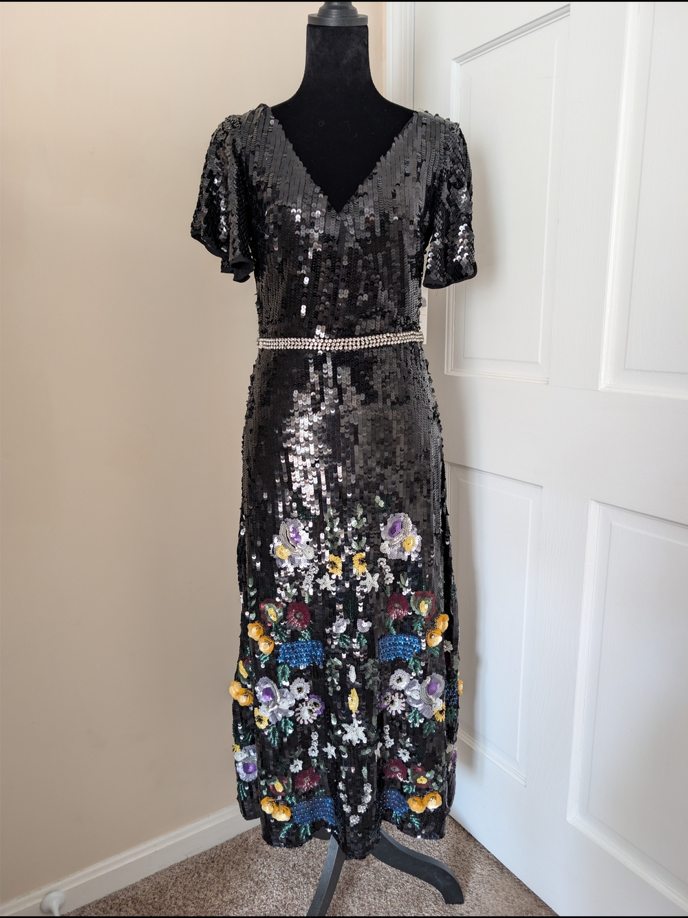 ​NWT Mac Duggal 93594 Floral Sequin Midi Cocktail Dress Black Size 2